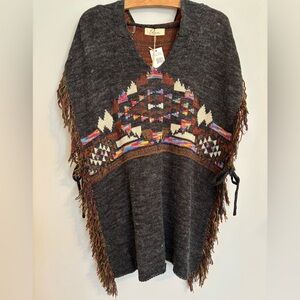 NWT Elan Charcoal Gray Hooded Southwestern Poncho